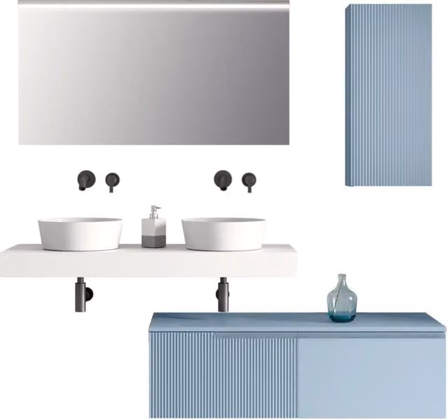 Composizione bagno doppio lavabo Venere AQA DESIGN 7 pezzi bianco e azzurro tiffany con illuminazione LED e ante soft close L: 180 cm, P: 45 cm, H: 190 cm