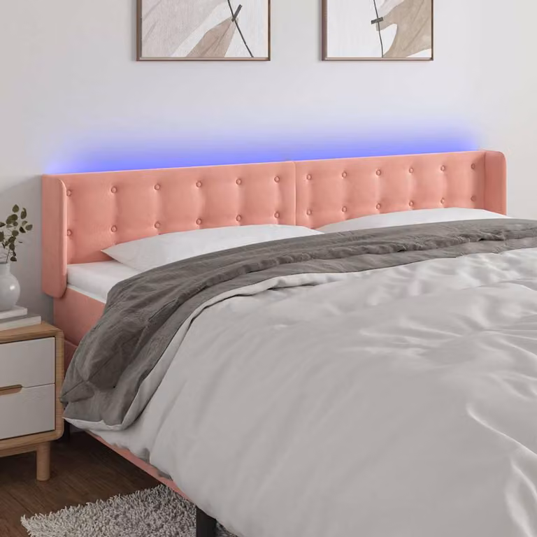 Testiera per letto vidaXL in velluto rosa con illuminazione LED e porta di ricarica USB, L: 163 cm, P: 16 cm, H: 78-88 cm