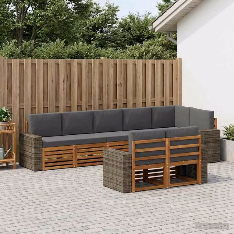 Set di divani da esterno vidaXL a forma di U composto da 8 pezzi in legno di acacia e poliestere resistente ai raggi UV con cuscini inclusi
