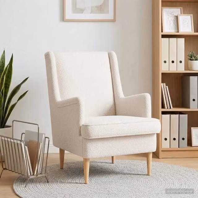 Poltrona moderna in tessuto bouclé color crema con braccioli e struttura in legno e metallo