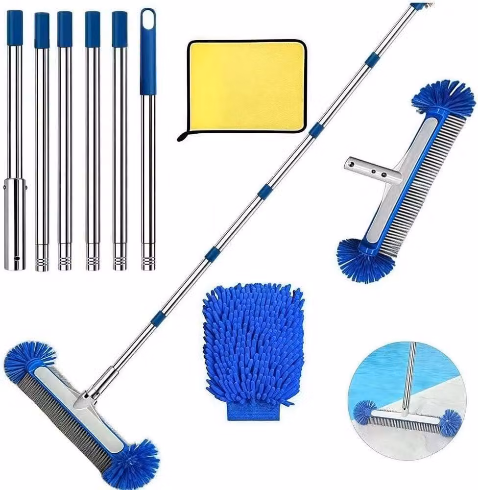 Set di spazzole per piscina con manico telescopico, 230 cm, in acciaio inossidabile, per la pulizia della piscina