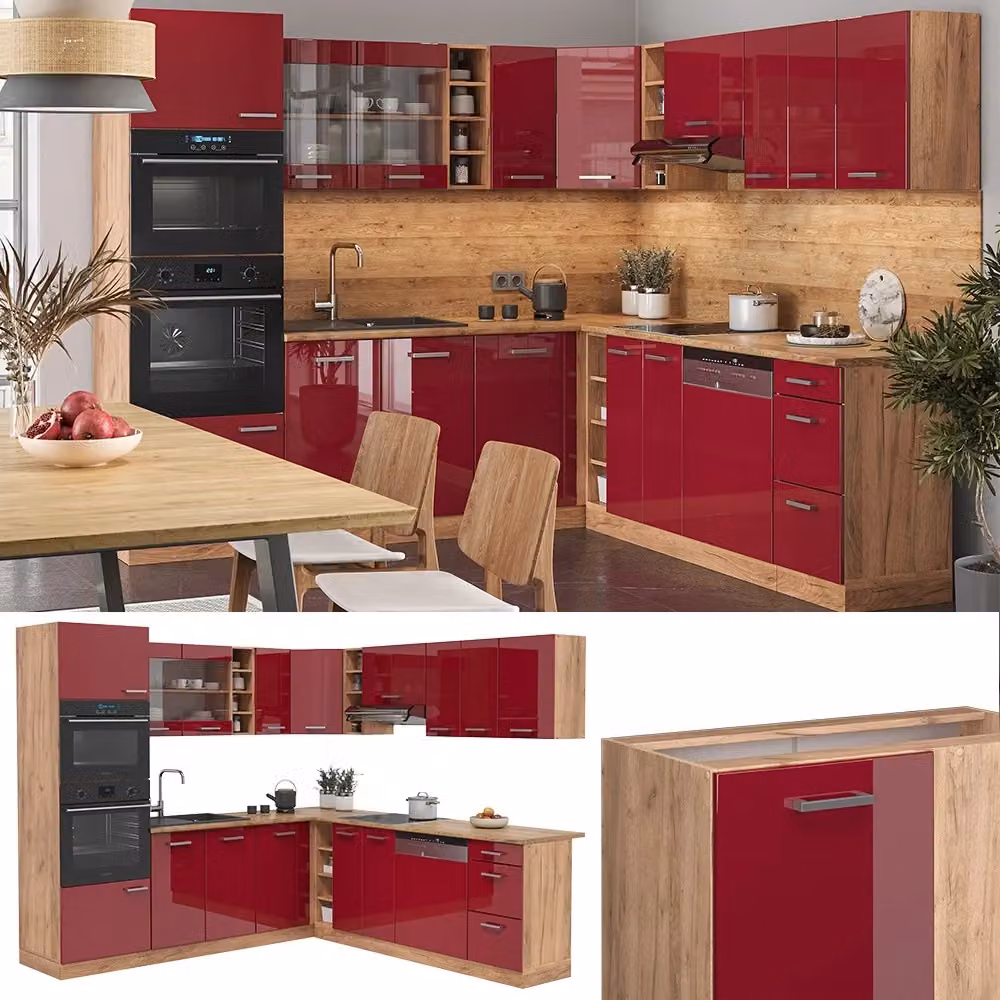 Cucina angolare moderna R-Line Vicco in rosso lucido e rovere dorato L/P/H: 247 x 237 x 60 cm – 2