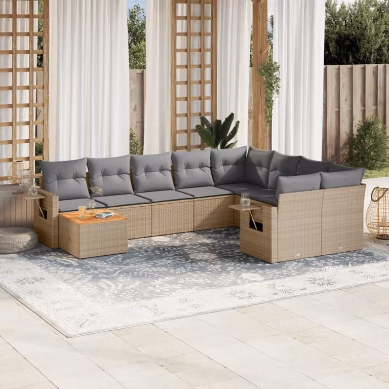 vidaXL Set Divano da Giardino a L 10 pz in Polyrattan con Cuscini Beige e Grigio
