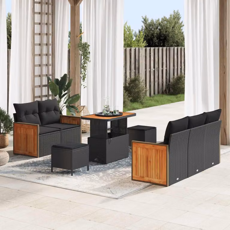 Set Divano da Giardino vidaXL 8 Posti a Forma a U con Tavolino e Ottoman Nero