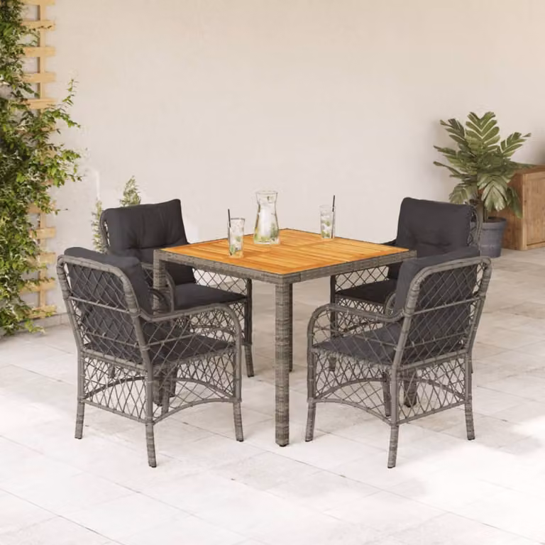 Set da Pranzo da Giardino vidaXL in Polyrattan e Legno di Acacia Grigio con 5 Pezzi e Cuscini