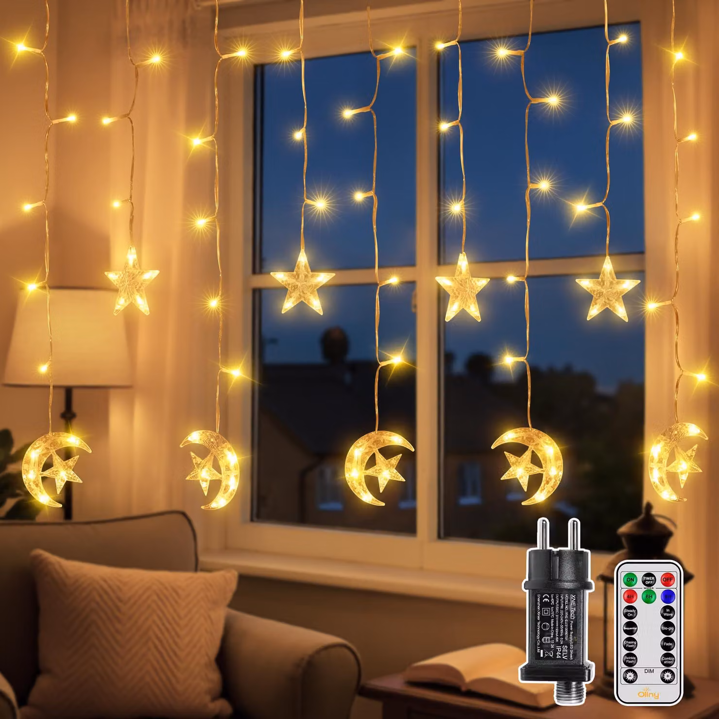 Catena luminosa a LED a forma di stella e luna, 2 metri, 100 LED, luce bianco caldo, con timer, grado di protezione IP44