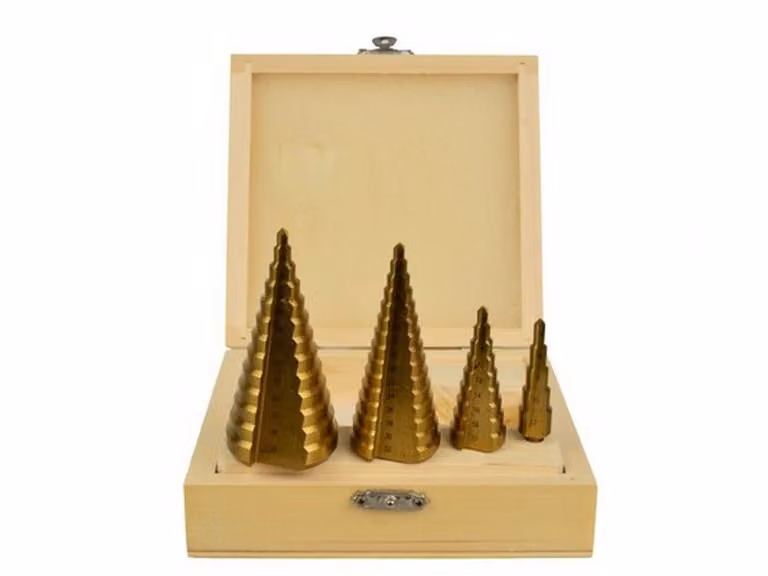 Set punte coniche HSS, fresa conica per trapano a gradini, con gambo e punzone centrale, 4 - 39 mm,4 pezzi Geko