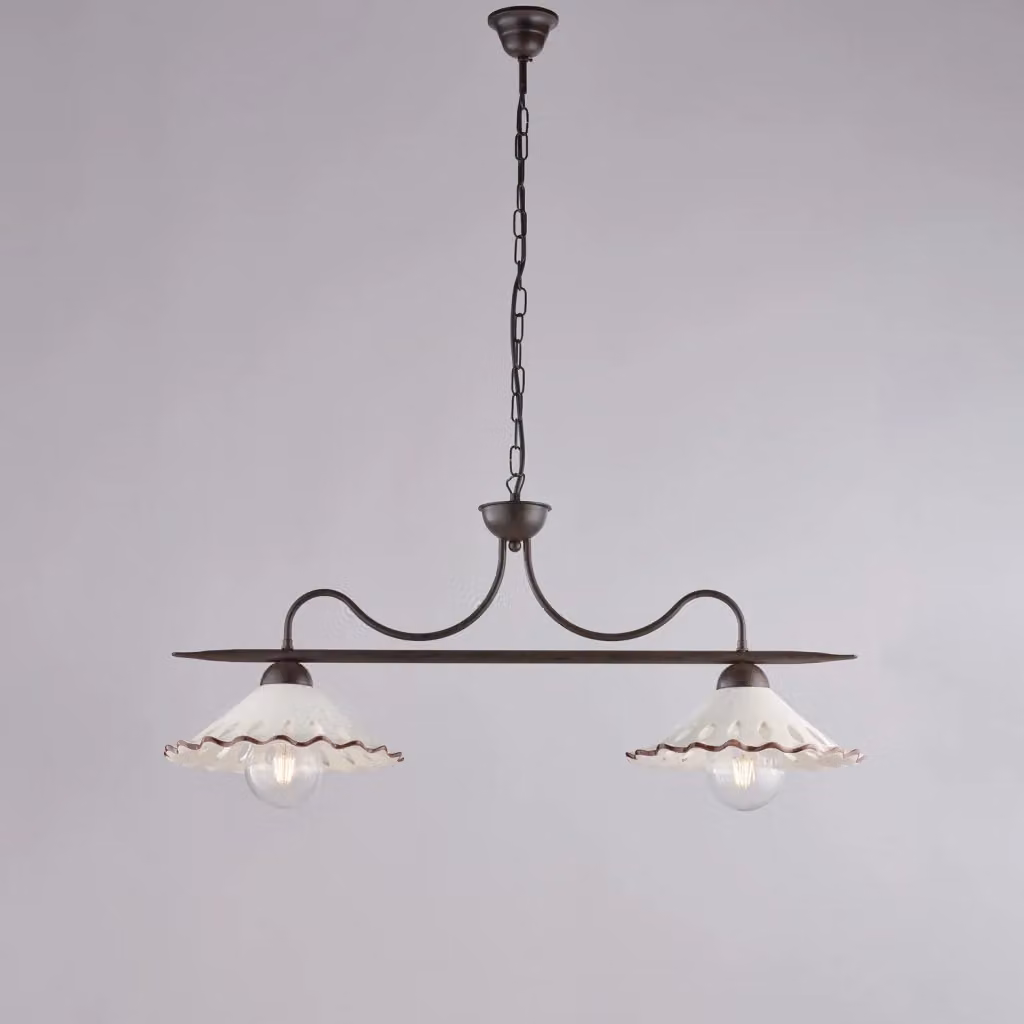 Lampadario a sospensione Bilanciere Osteria BELIGHT in ferro nero ruggine e coppe in ceramica decorata bianca e marrone con altezza regolabile – 2