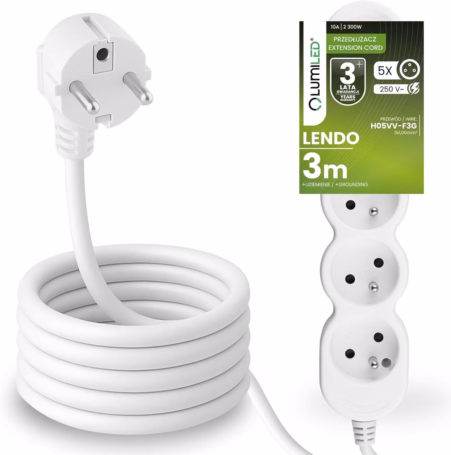 Presa multipla LUMILEDPresa di corrente a 5 pieghe tipo E, cavo da 3 m H05VV-F3G, bianco, presa multipla E spina 10A 2300W 250V IP20 staffa per sospensione