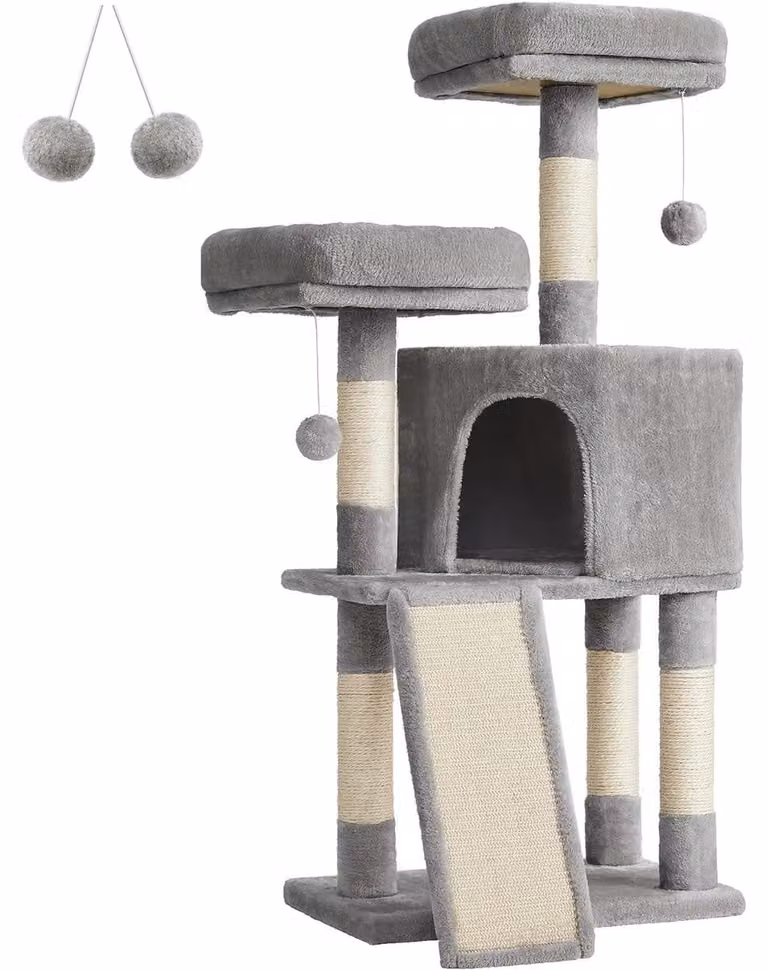 Tiragraffi per gatti a torre con cuccia e amaca grigio chiaro