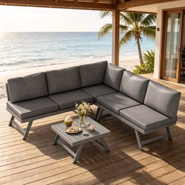 Set salotto da giardino angolare MODFU a L per 5 persone, colore grigio, con divano a 2 posti, elemento angolare, tavolino da caffè e cuscini inclusi in tessuto resistente ai raggi UV – 1