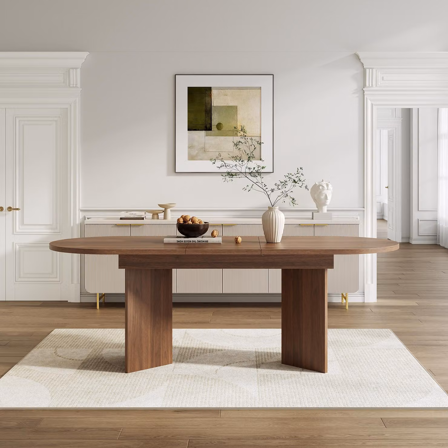 Tavolo da pranzo ovale Flieks Tavolo da cucina con piano allungabile, tavolo da sala da pranzo per 4-8 persone, 120-160x80x75,5 cm, noce