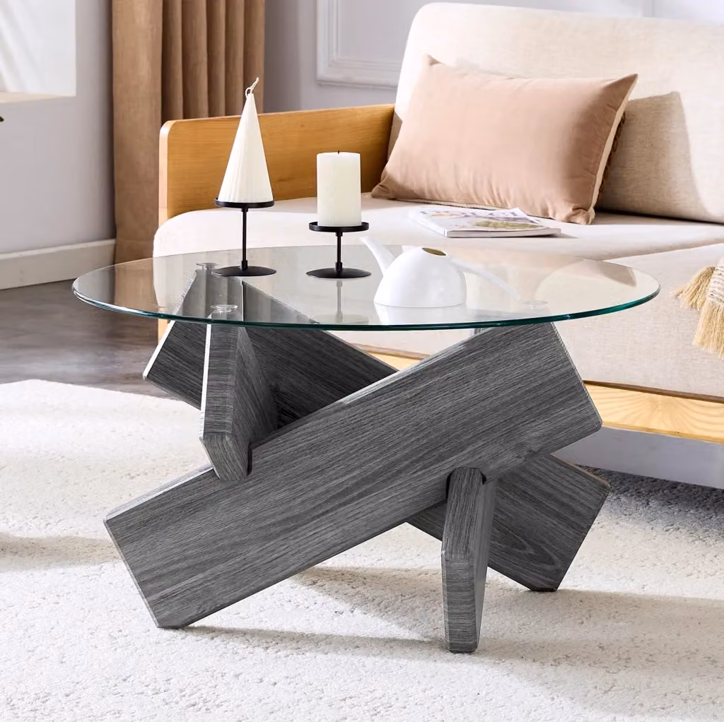 Tavolino da caffè rotondo moderno REDOM in MDF e vetro, Grigio/Trasparente, Diametro: 79 cm – 2