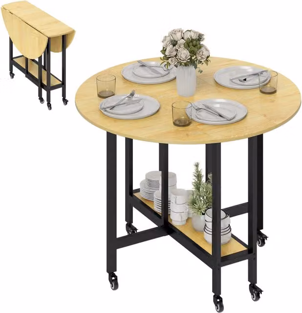 Tavolo da pranzo pieghevole XYLO con ruote e ripiano integrato, colore quercia, L 100 cm x P 100 cm x H 75 cm