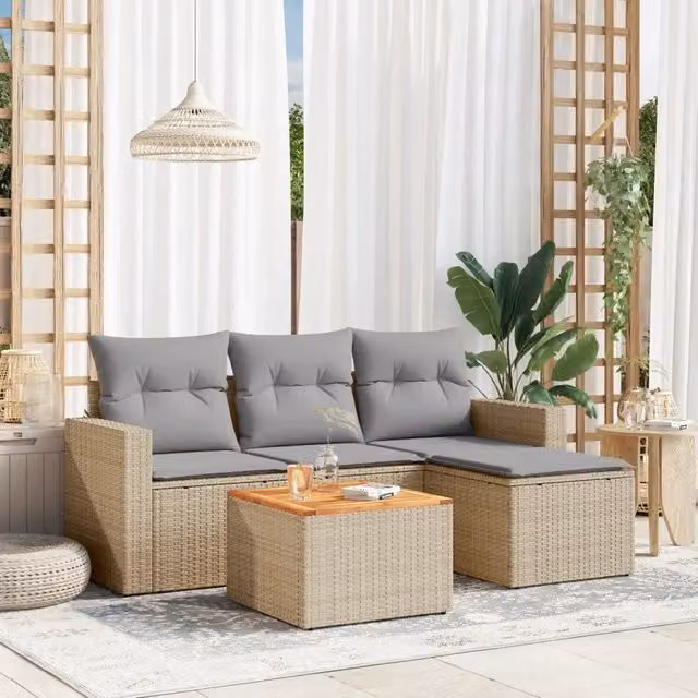 Set Divano da Giardino 5 pz con Cuscini Beige in Polyrattan 3224092