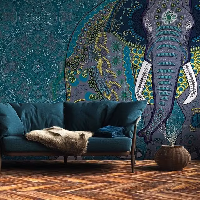 Fotomurale India con stampa animalier ed etnica, Multicolor, L: 371 cm, H: 280 cm