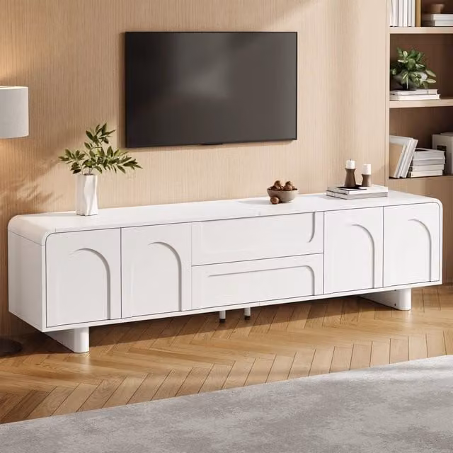 Mobile TV Mivray bianco con 4 ante arcuate, 2 cassetti e passacavi in MDF e pannello truciolare, L: 180 cm, P: 40 cm, H: 46 cm