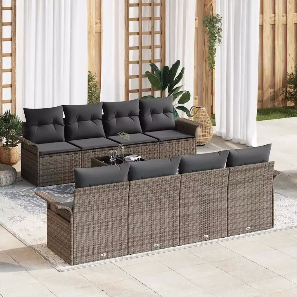 Set Divano da Giardino vidaXL 9 Pezzi a Forma di U Grigio con Cuscini e Tavolino – 1