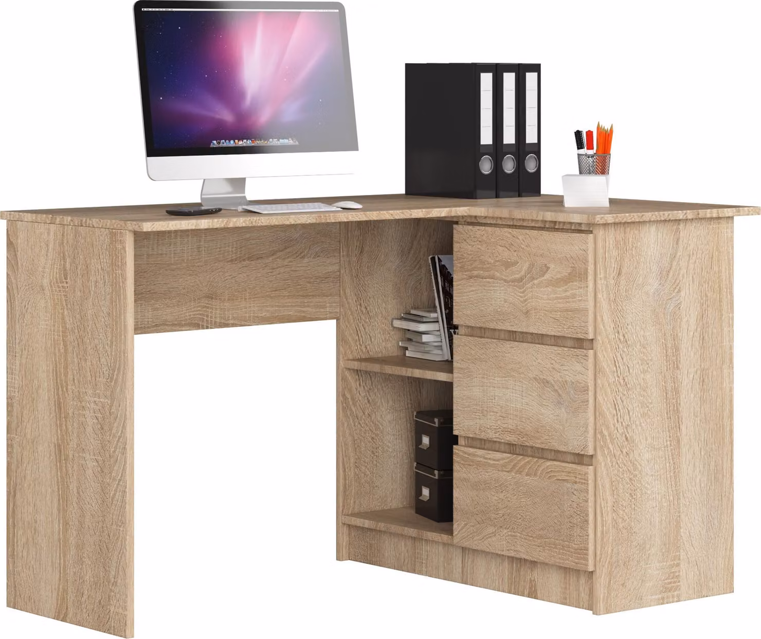 Scrivania angolare con tre cassetti, lato destro, dimensioni: altezza: 77 cm, larghezza: 124,5 / 85 cm, profondità: 45 / 48,5 cm