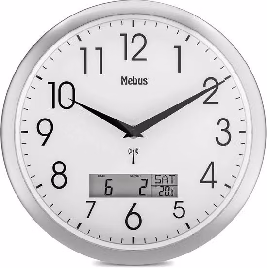 Orologio da parete MEBUS digitale radiocontrollato silenzioso con display LCD per data e temperatura, bianco, diametro: 30 cm