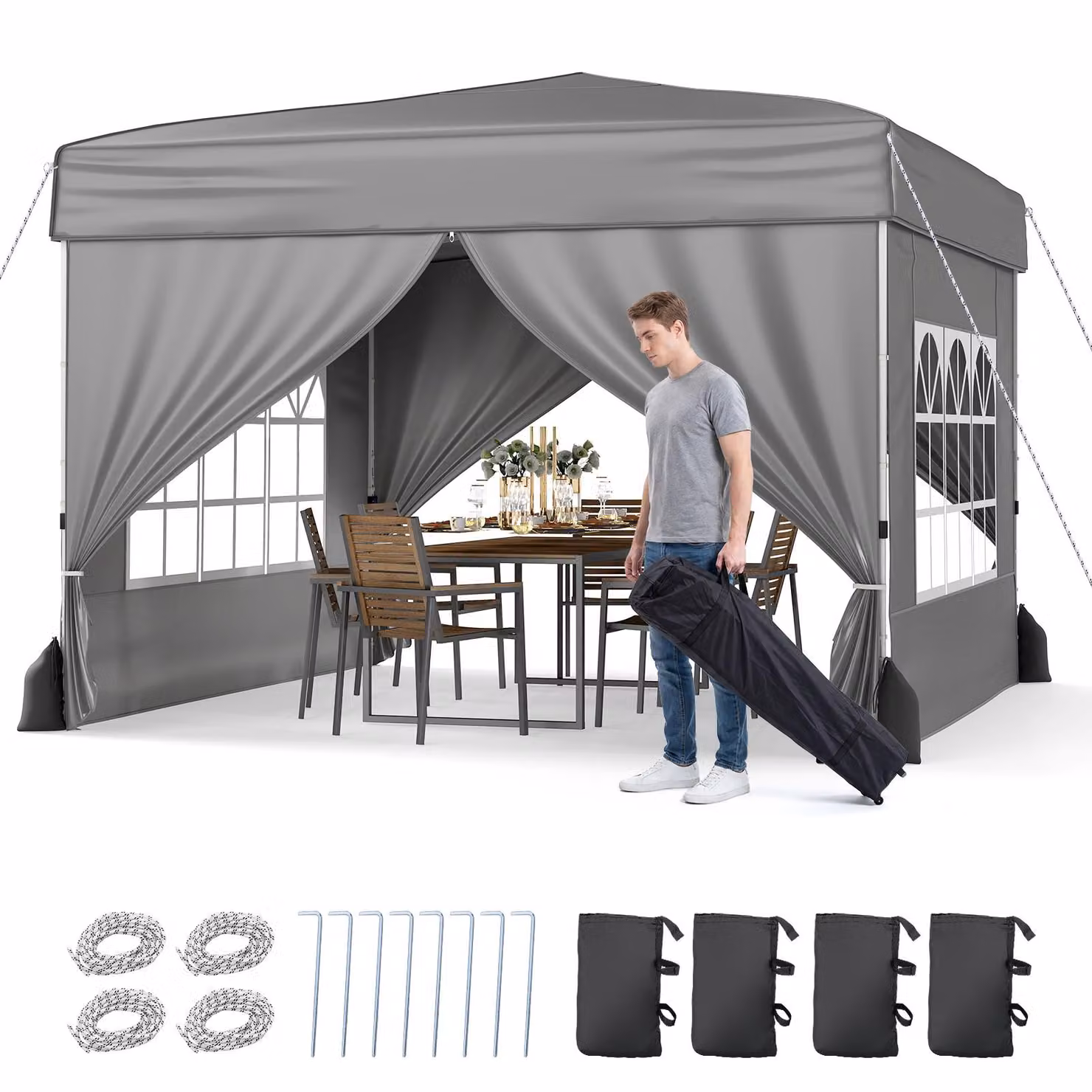 Gazebo COSTWAY 3 x 3 m, gazebo per feste regolabile in altezza, gazebo da giardino resistente all'inverno con 4 pareti laterali rimovibili, sacchi di sabbia e borsa con rotelle, grigio