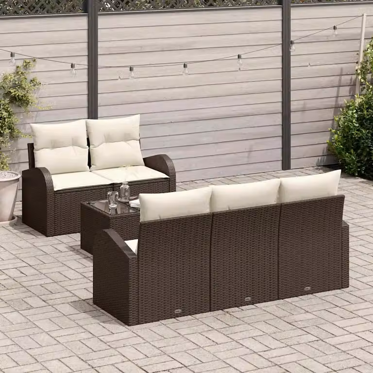 Set Divano da Giardino vidaXL 6 Pezzi con Tavolino e Cuscini Marrone e Beige