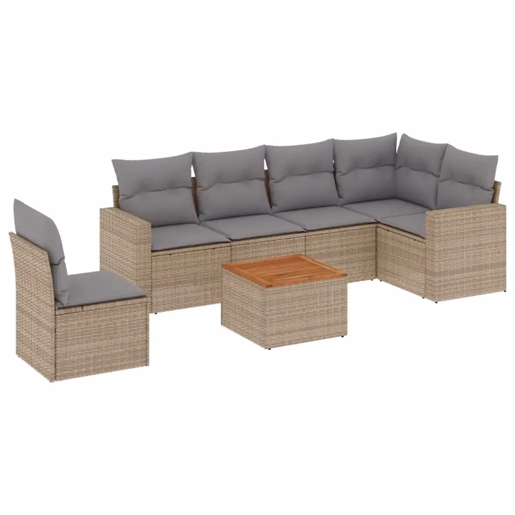 vidaXL Set Divani da Giardino 7 pz a Forma a L in Polyrattan con Cuscini Beige e Tavolino da Caffè – 2