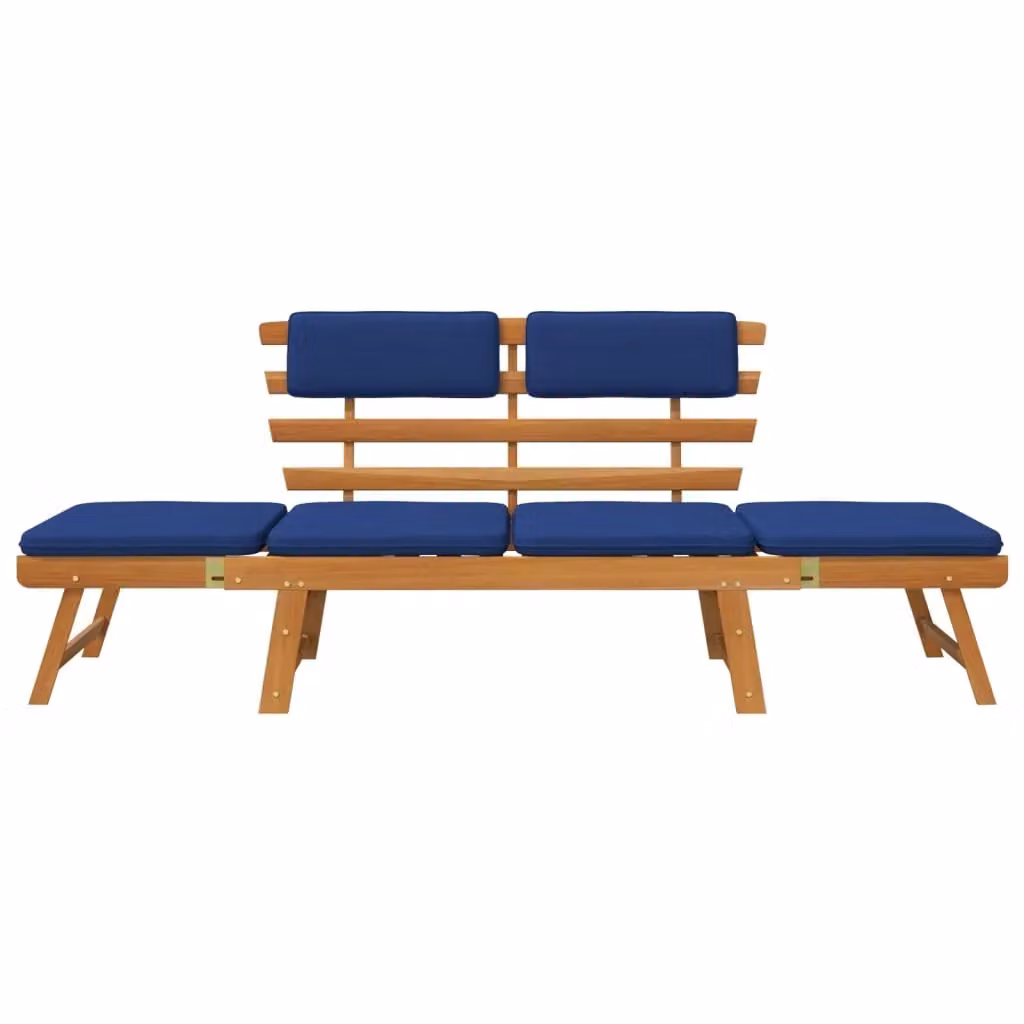 Panchina da giardino 2-in-1 Outsunny in legno di acacia con cuscini blu e poggiatesta regolabile per patio e terrazza – 2