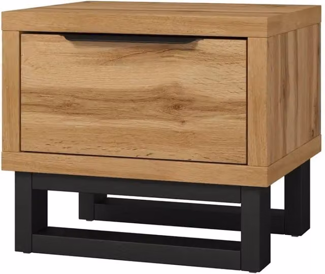 Comodino in stile industriale con un grande cassetto collezione MILOS di Meublorama, colore rovere grezzo e nero