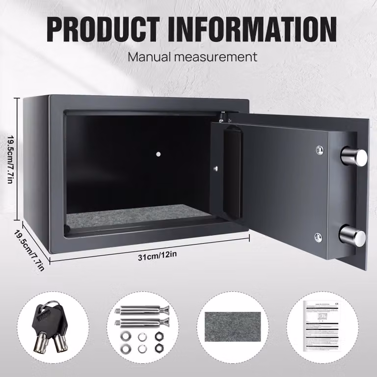 Cassaforte domestica - Cassaforte elettronica - Capacità 8,5 l - Dimensioni 20×31×20 cm - PIN + chiave - Acciaio massiccio - Blocco dopo 3 tentativi - Grigio