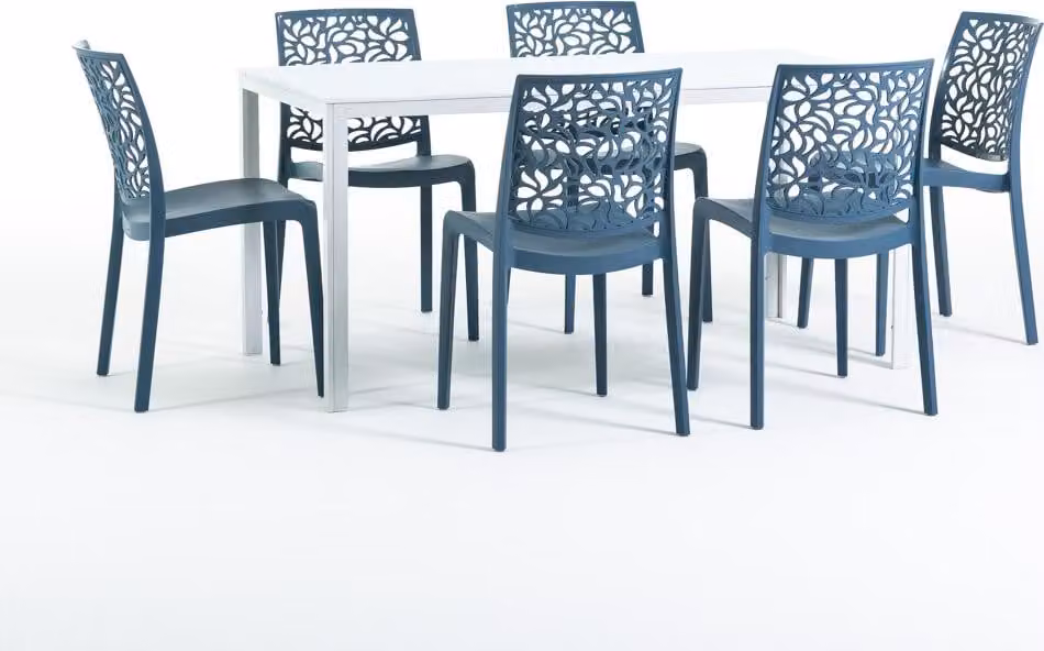 Set da pranzo per esterni con tavolo rettangolare 156x78 cm e 6 sedie impilabili in resina rinforzata con fibra di vetro - design moderno in look legno, ideale per giardino, terrazza e aree esterne coperte - THOMAS+ANNA - Petrolio/Bianco