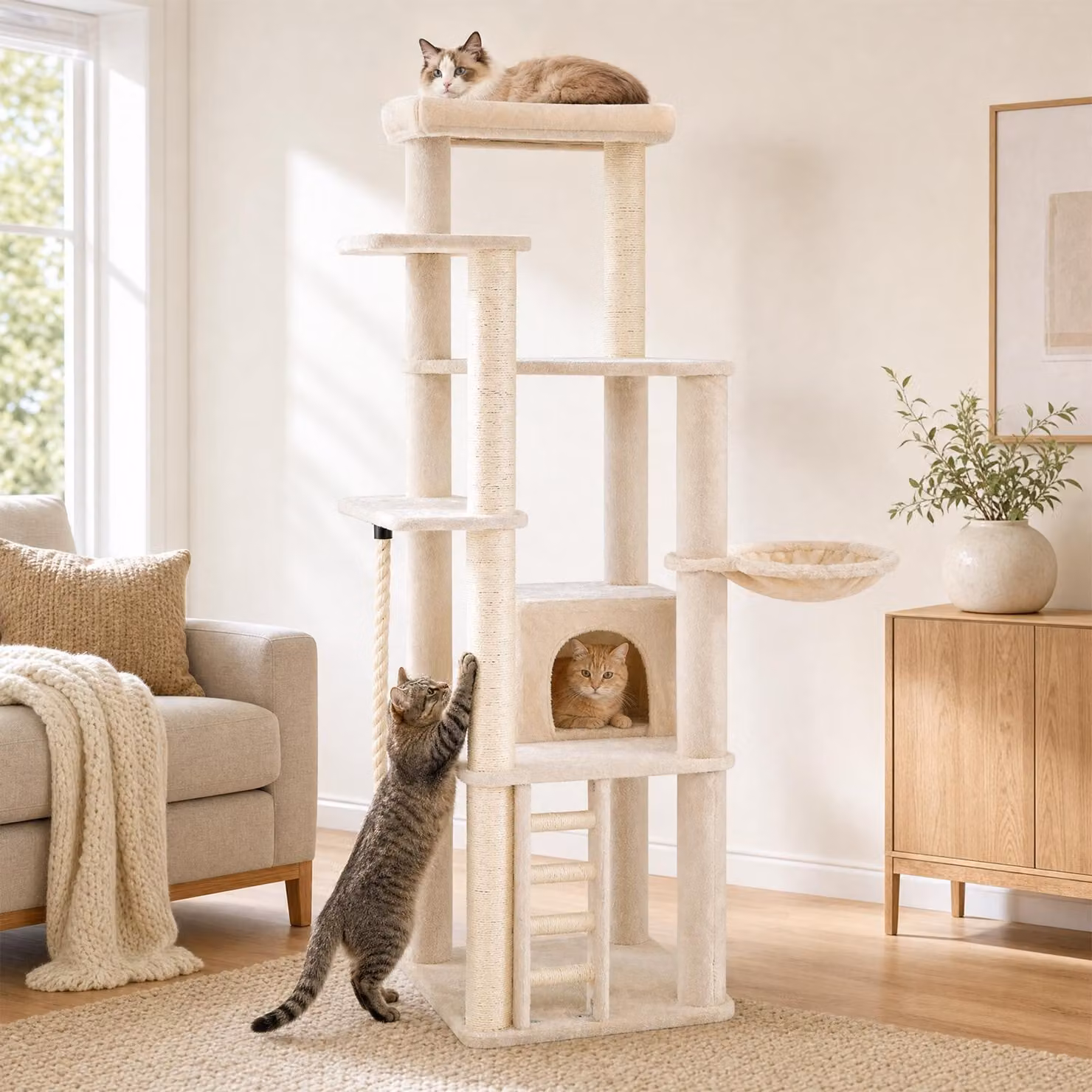 COSTWAY, albero per gatti da 194 cm, con pali rivestiti in sisal per graffiare, piattaforma per saltare, cuccia per gatti, scala e lettino in peluche. Albero per gatti multistrato, mobili per gatti
