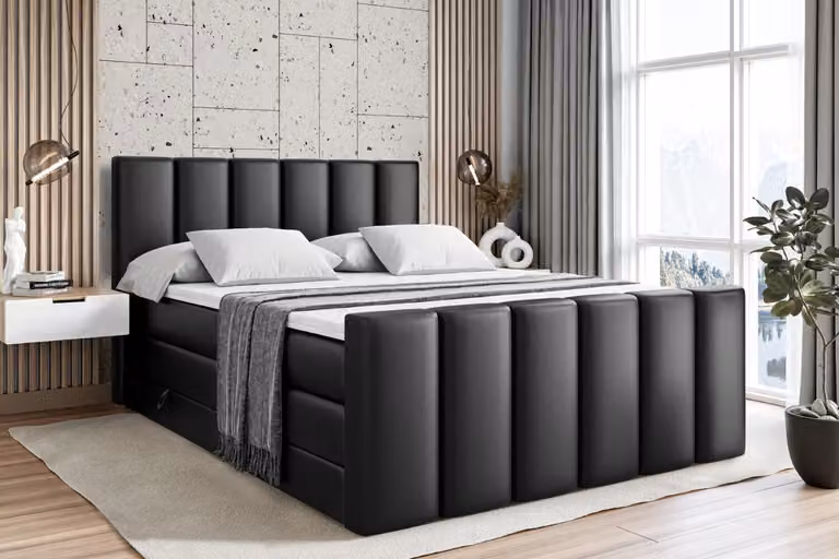 Letto boxspring ALTDECOR con pediera, 2 materassi e topper - 120x200 cm - BOXI1-Z KING - Pelle finta nera - Letto imbottito con materassi H3 e H4, contenitore e rete a doghe, letto con spazio contenitivo