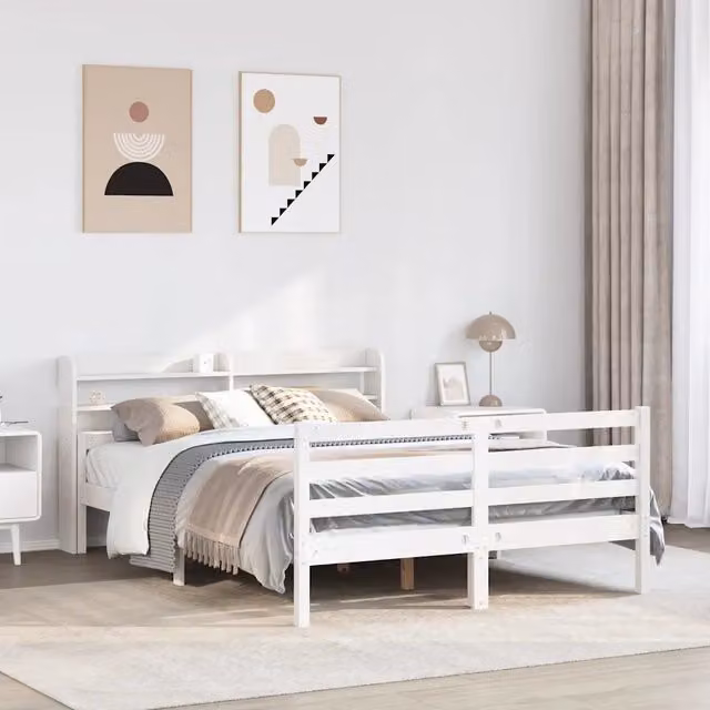 Giroletto con Testiera Bianco 150x200 cm Legno Massello di Pino 3306687