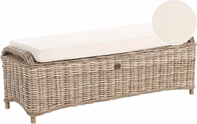 Ottomana da giardino 2 posti in rattan naturale, con cuscini bianchi e bianco sporco, 140 cm – Perfetto per esterni ed interni, stile boho per giardino, patio e balcone.