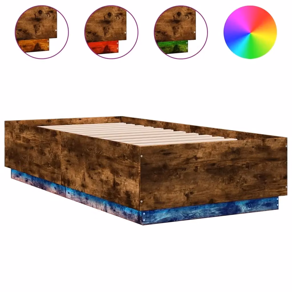 Letto singolo con luci LED e porta USB vidaXL in legno Rovere Fumo L: 190 cm, P: 90 cm – 2
