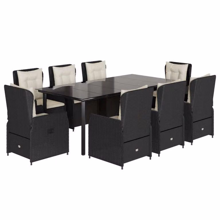 Set da Pranzo da Giardino 9 pz con Cuscini Nero in Polyrattan