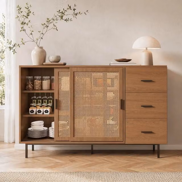 Credenza Mivray in stile scandinavo con 2 ante scorrevoli in rattan e 3 cassetti, colore beige e marrone, L: 140 cm, P: 37 cm, H: 91 cm