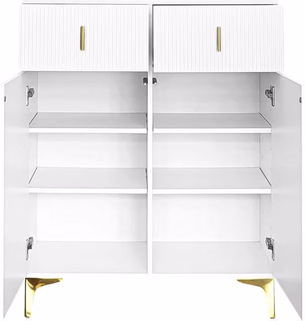 Sideboard bianco con pannelli strutturati, ripiani regolabili e ornamenti dorati, 83x101x35 cm
