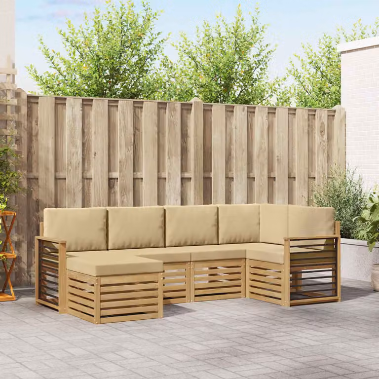 vidaXL Set di divani da esterno a L composto da 6 pezzi in legno di acacia con cuscini, Bianco e Beige