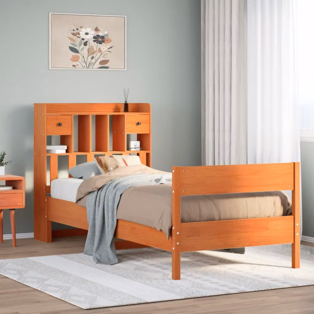 Letto libreria vidaXL in legno di pino massiccio marrone cera con scaffali e cassetti L/P/H: 200 x 100 x 110 cm