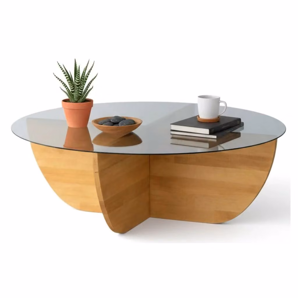 Tavolino da salotto rotondo DMORA in legno rovere e vetro, Marrone, L: 90 cm, P: 90 cm, H: 30 cm – 2