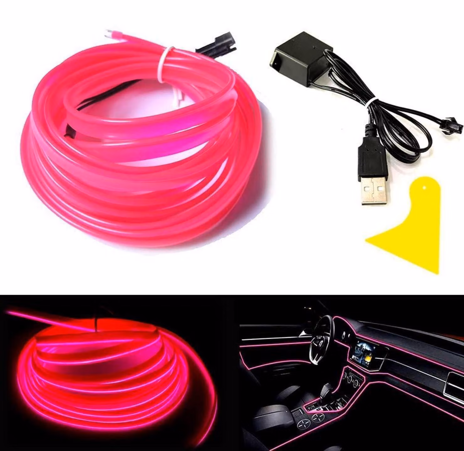 EL-Wire rosa, 10 metri, tubo neon flessibile a corrente continua da 5V, ideale per illuminazione interna di auto e decorazioni