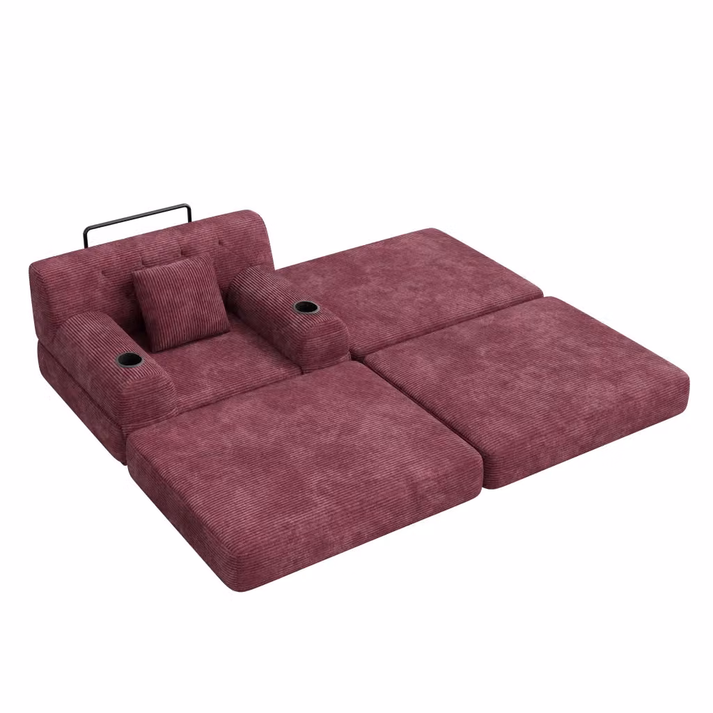 Poltrona letto Chicfurn singola in velluto a coste rosso vino con schienale alto, tasche laterali e portabicchieri, struttura in metallo L: 81 cm, P: 107 cm, H: 162 cm – 2