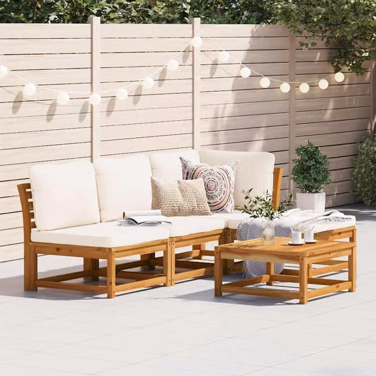vidaXL Set Salotto da Giardino a L in Legno di Acacia con Cuscini, Colore Marrone e Bianco