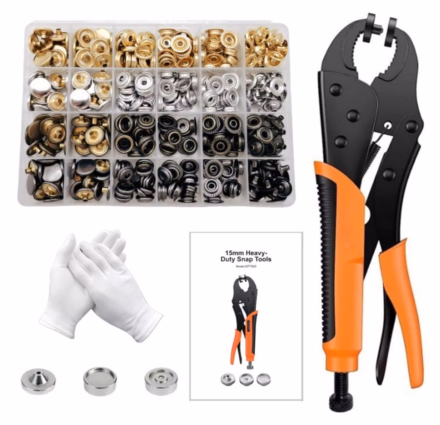 Set di 100 bottoni a pressione da 15 mm, completo di pinze e stampi