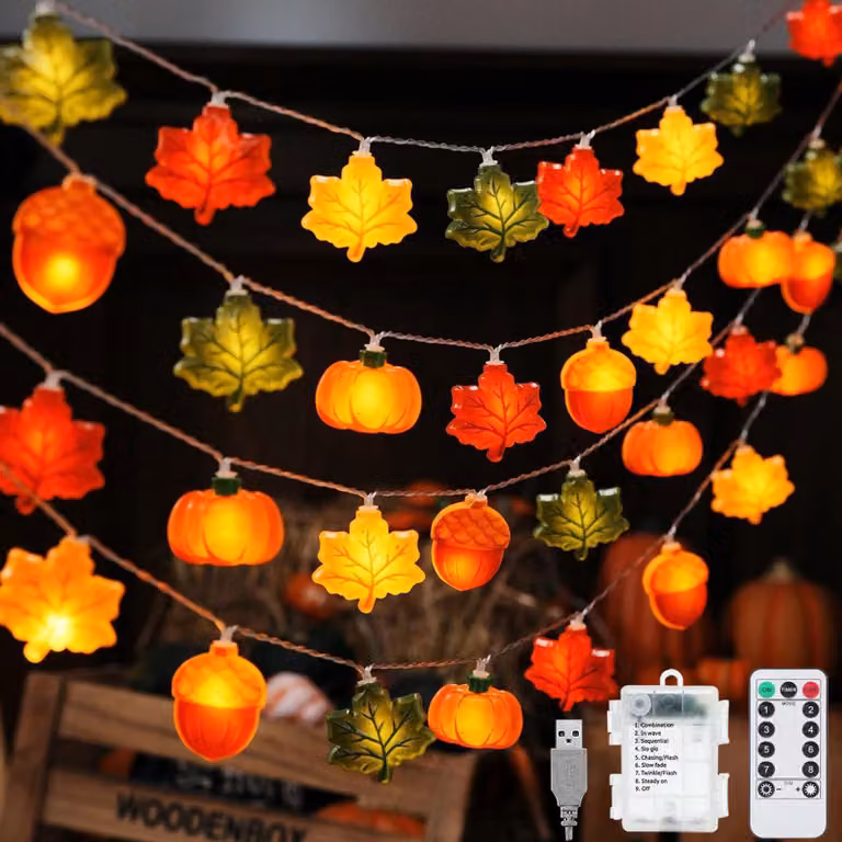 Catena luminosa autunnale, lunghezza 3,8 metri, 25 LED, foglie di acero, timer, 8 modalità