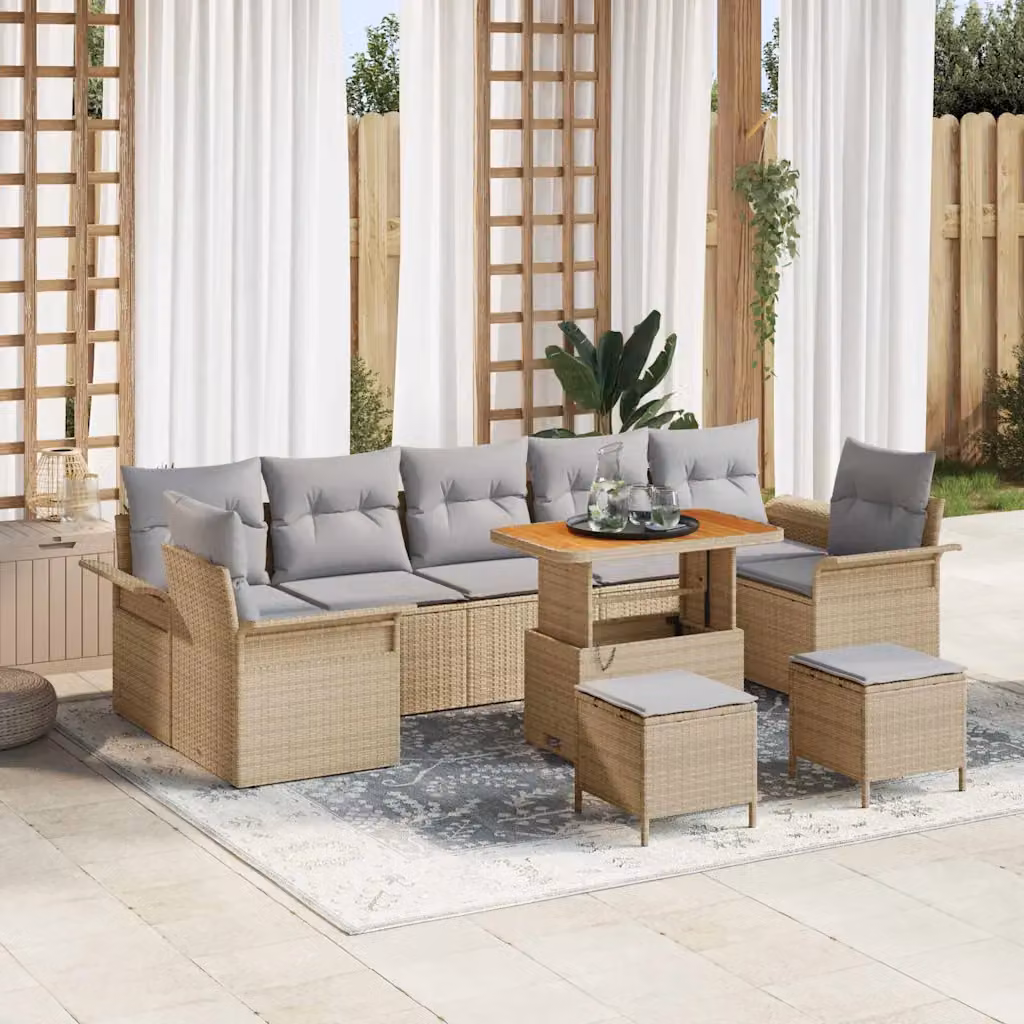 Set Divano da Giardino vidaXL 10 Pezzi a Forma di L Beige con Cuscini e Tavolino – 1