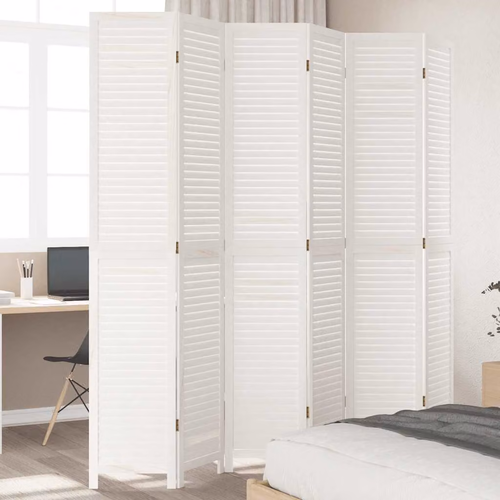 Divisorio Ambienti vidaXL con 6 Pannelli in Legno Massello di Paulownia Bianco Retrò, H: 220 cm, L: 215 cm