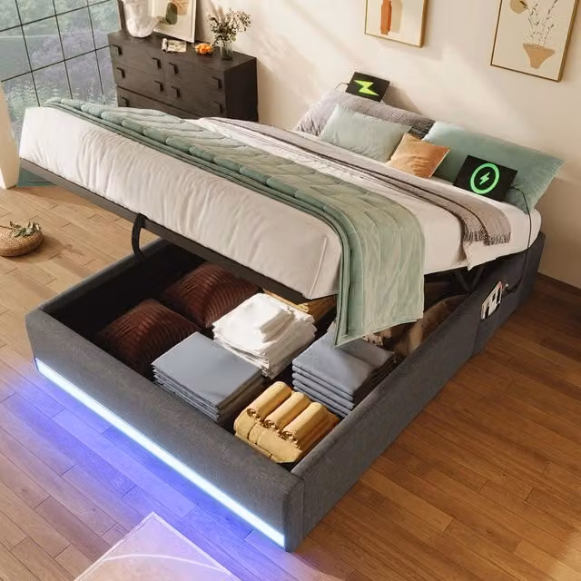 Letto Contenitore Imbottito con LED ¨C MINIMAL ¨C Grigio 90x200